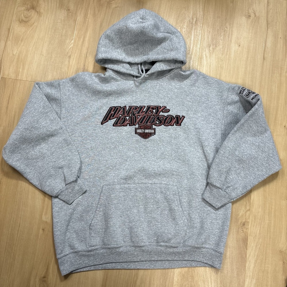 Harley Davidson Men's Grey Hoodie Large Embroidered Peoria, Illinois Biker